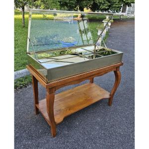 Siégel : Vitrine plate en laiton sur table.