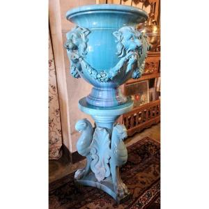 Grande colonne en faïence emmaillée bleu turquoise par Massier.