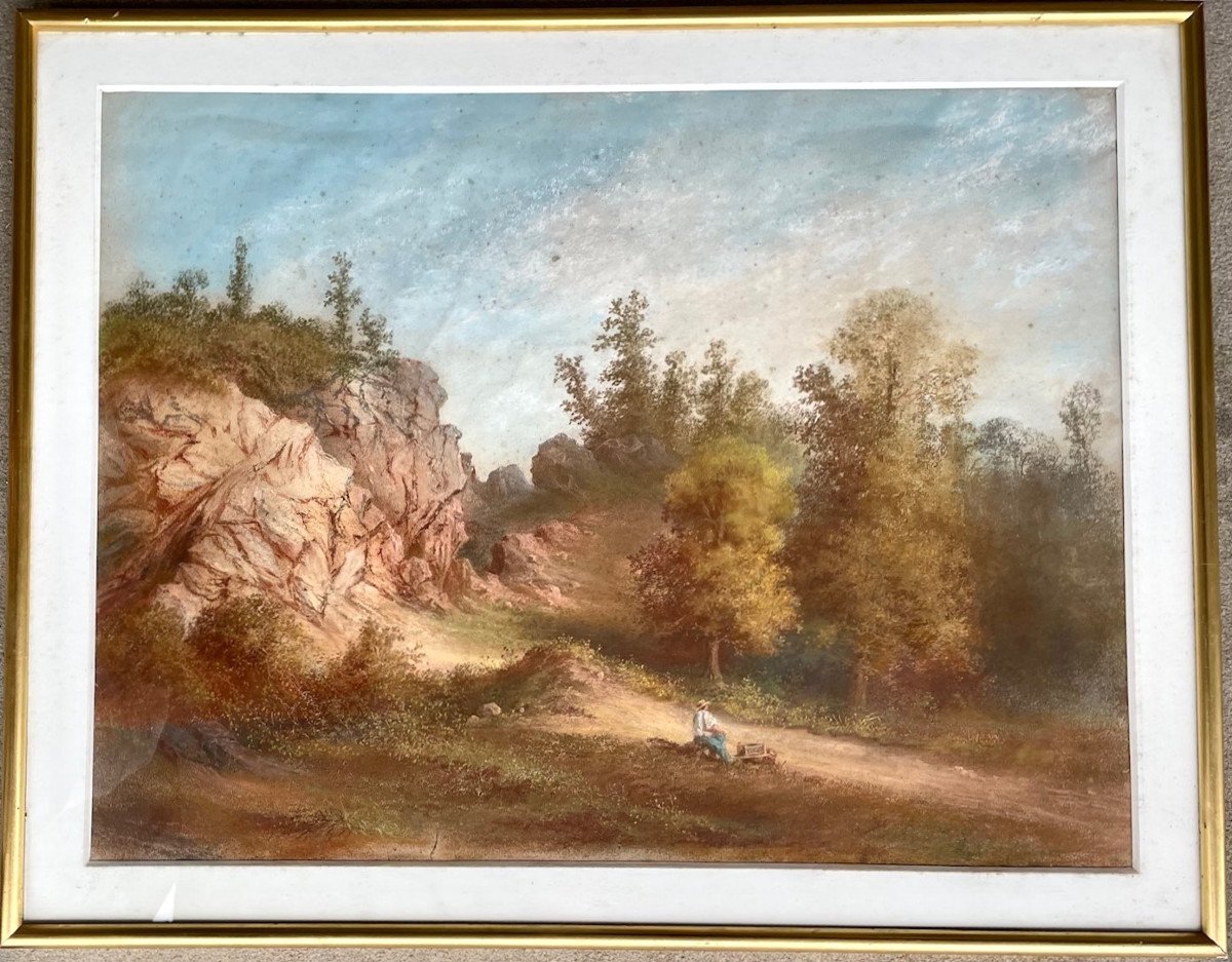 Paysage Au Pastel 19eme, Monogrammé 