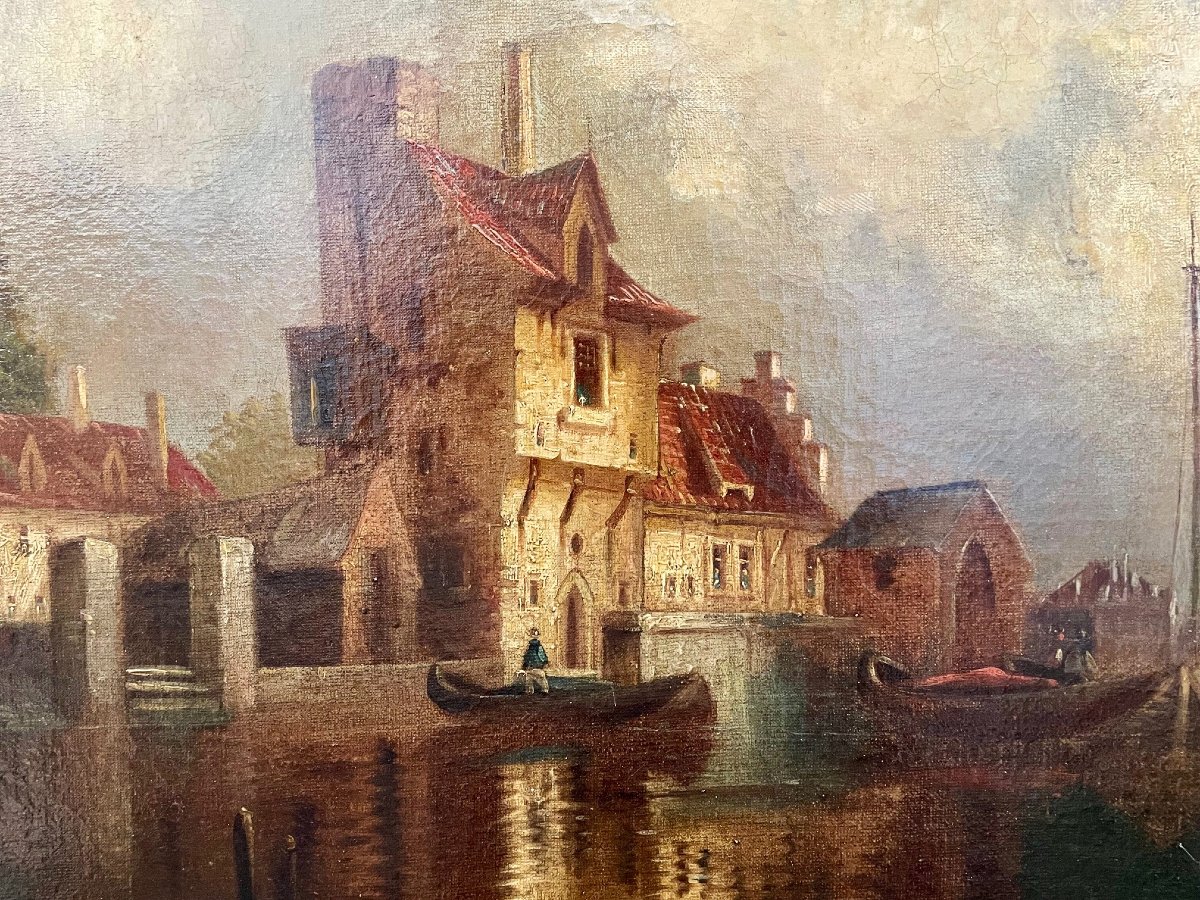 Dutch Landscape, Oil On Canvas 19th Century-photo-2
