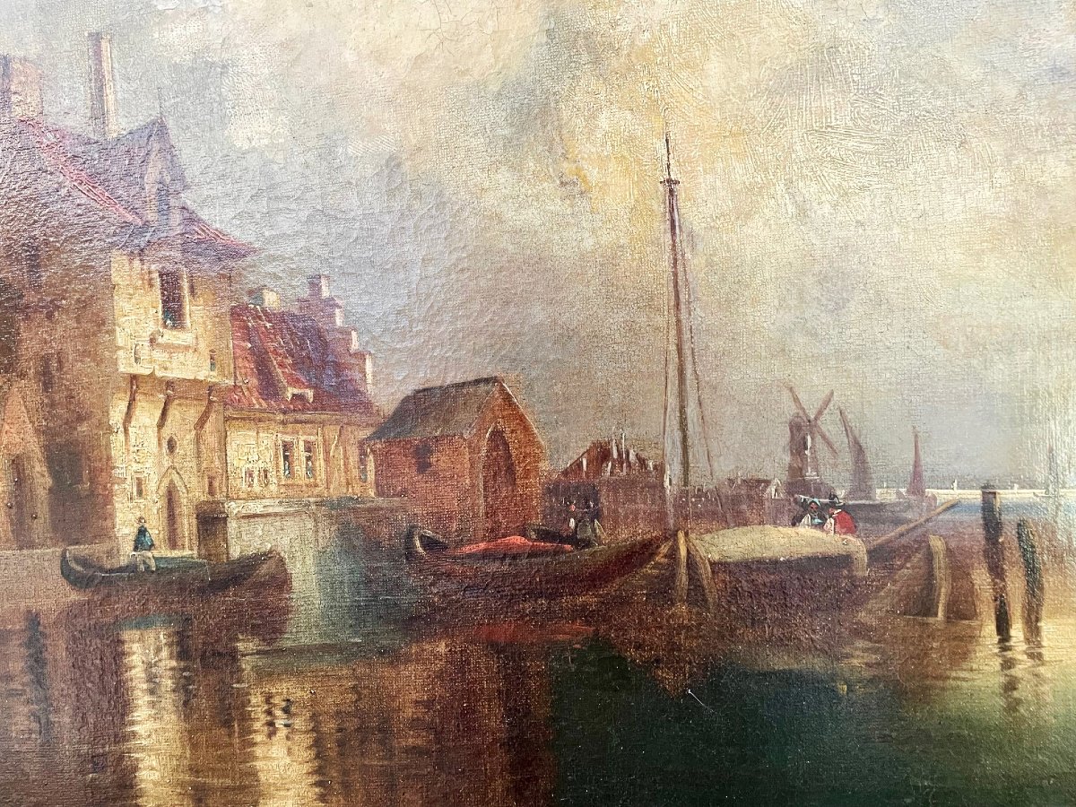 Dutch Landscape, Oil On Canvas 19th Century-photo-3