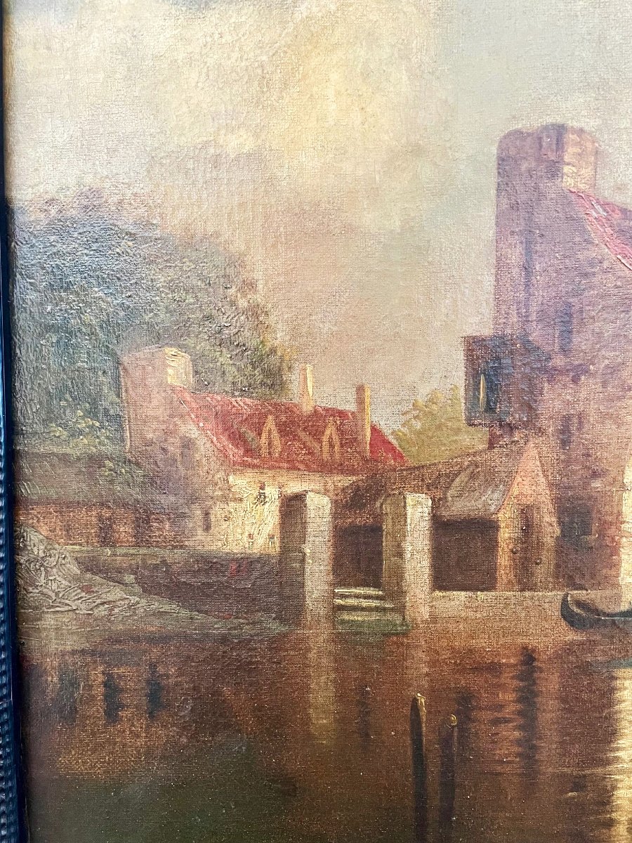 Dutch Landscape, Oil On Canvas 19th Century-photo-4