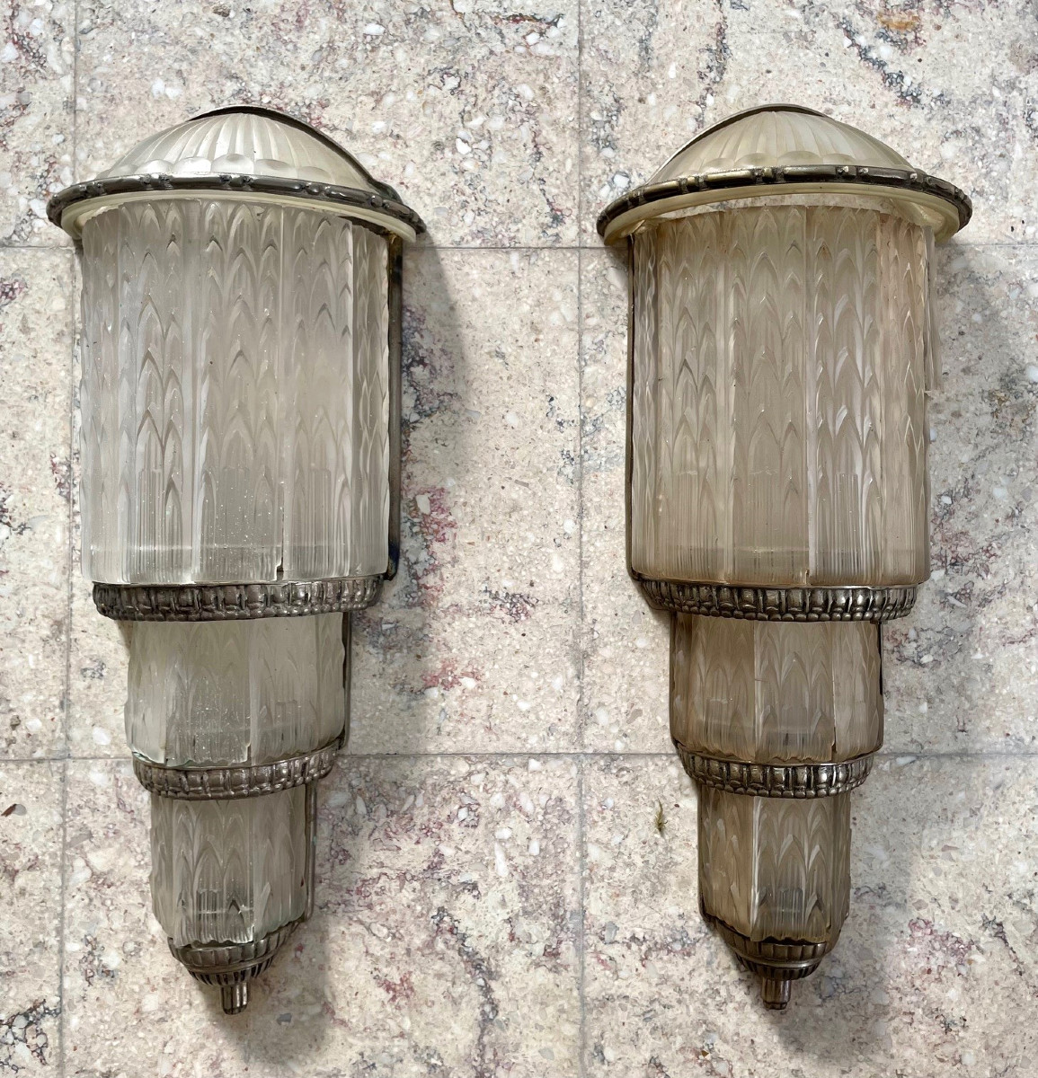 Large Pair Of Art Deco Glass And Bronze Wall Lights