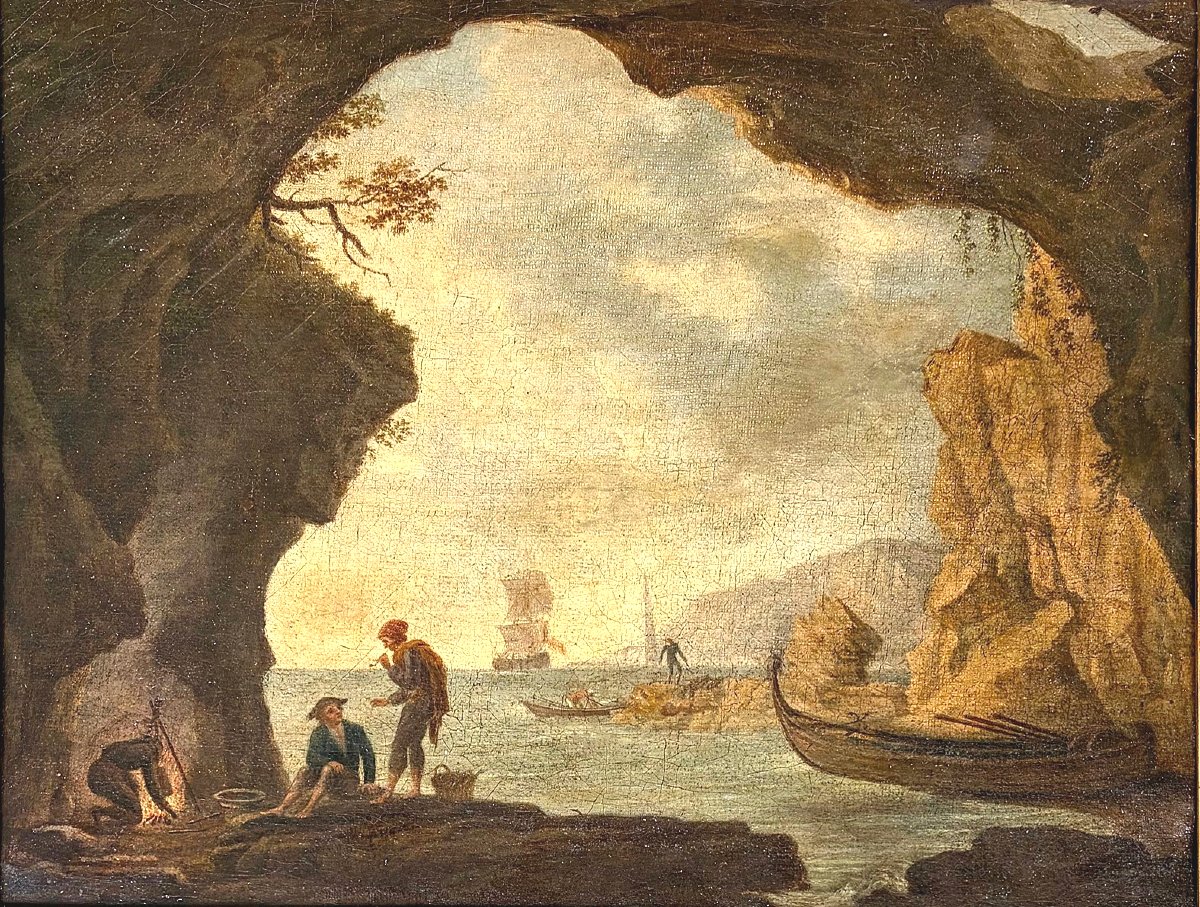 Paysage marin animé de personnages, tableau 18eme-photo-2