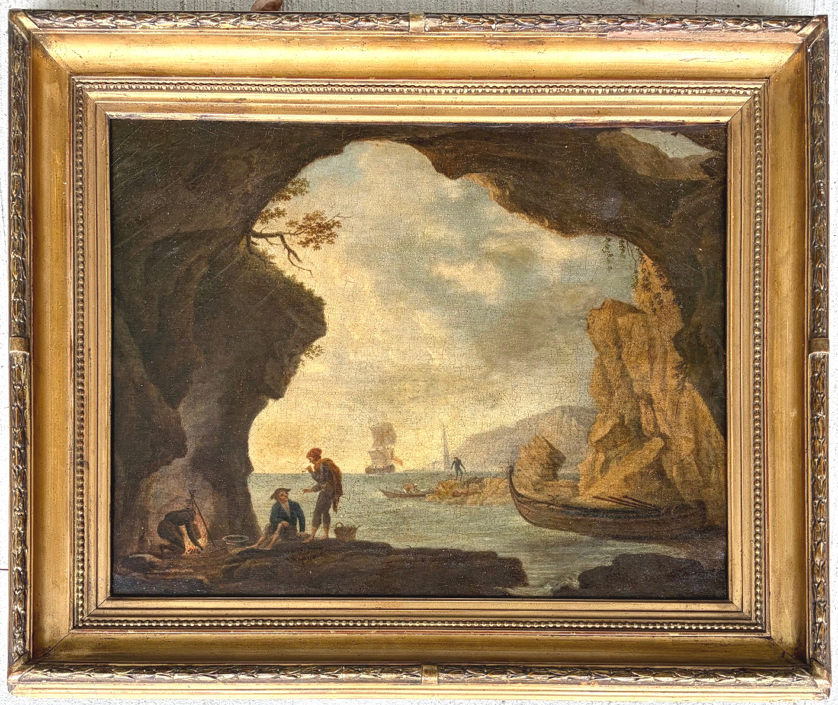 Paysage marin animé de personnages, tableau 18eme