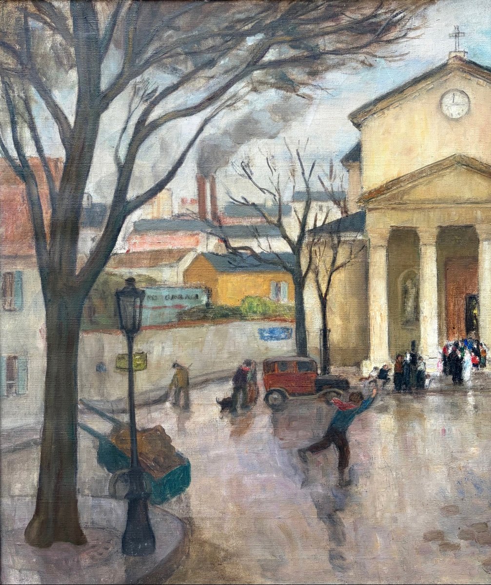 Mariage à Notre-Dame de Bercy, Paris 12ème, vers 1925, grand tableau signé.-photo-2