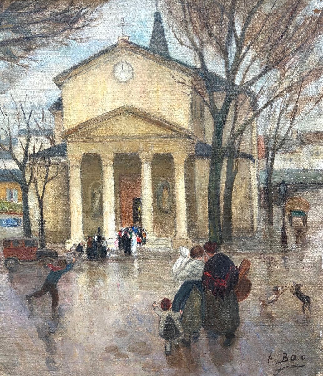 Mariage à Notre-Dame de Bercy, Paris 12ème, vers 1925, grand tableau signé.-photo-3
