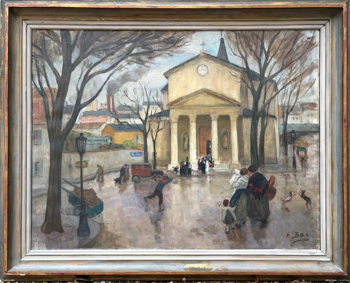 Mariage à Notre-Dame de Bercy, Paris 12ème, vers 1925, grand tableau signé.