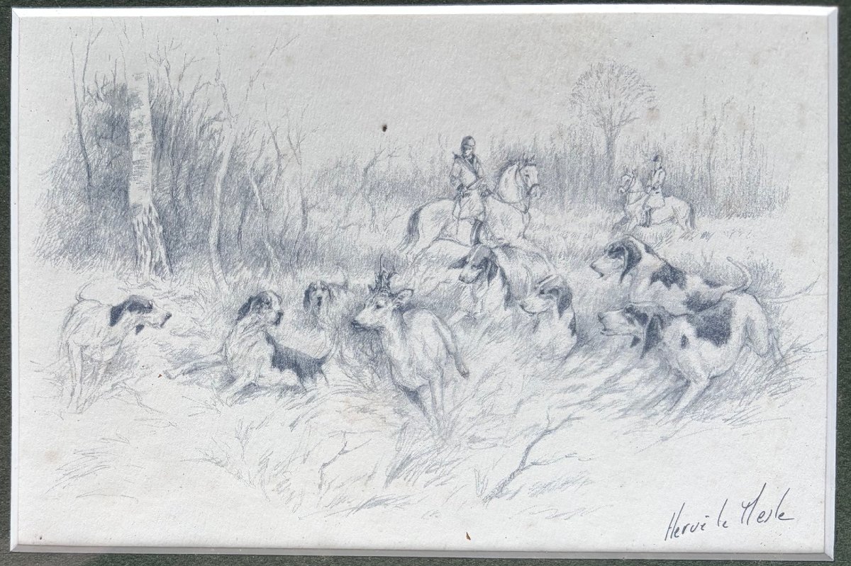 Paire de dessins, chasse &agrave; courre, Herv&eacute; le Mesle-photo-2