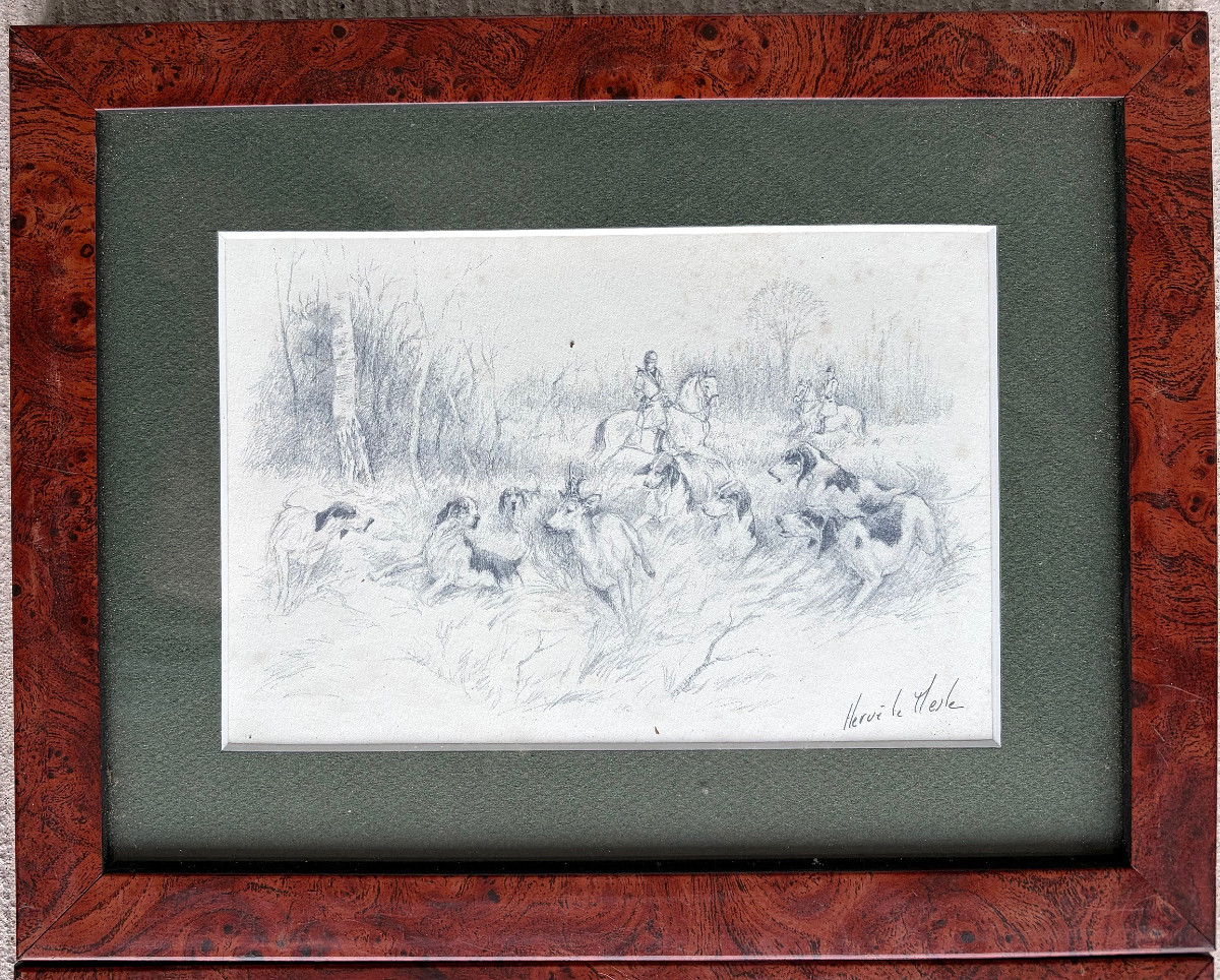 Paire de dessins, chasse &agrave; courre, Herv&eacute; le Mesle-photo-4