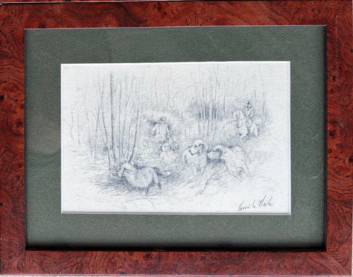 Paire de dessins, chasse &agrave; courre, Herv&eacute; le Mesle-photo-1