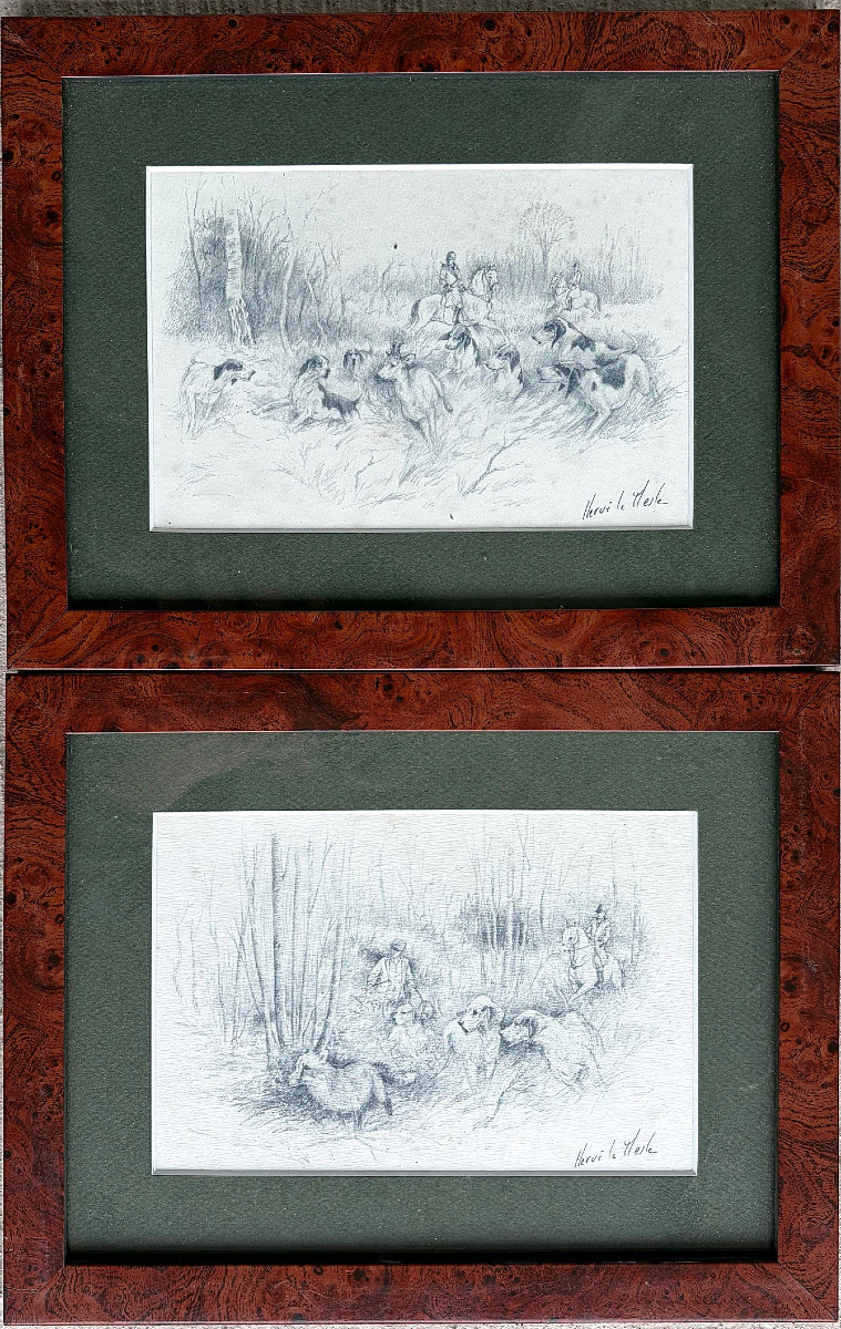 Paire de dessins, chasse &agrave; courre, Herv&eacute; le Mesle