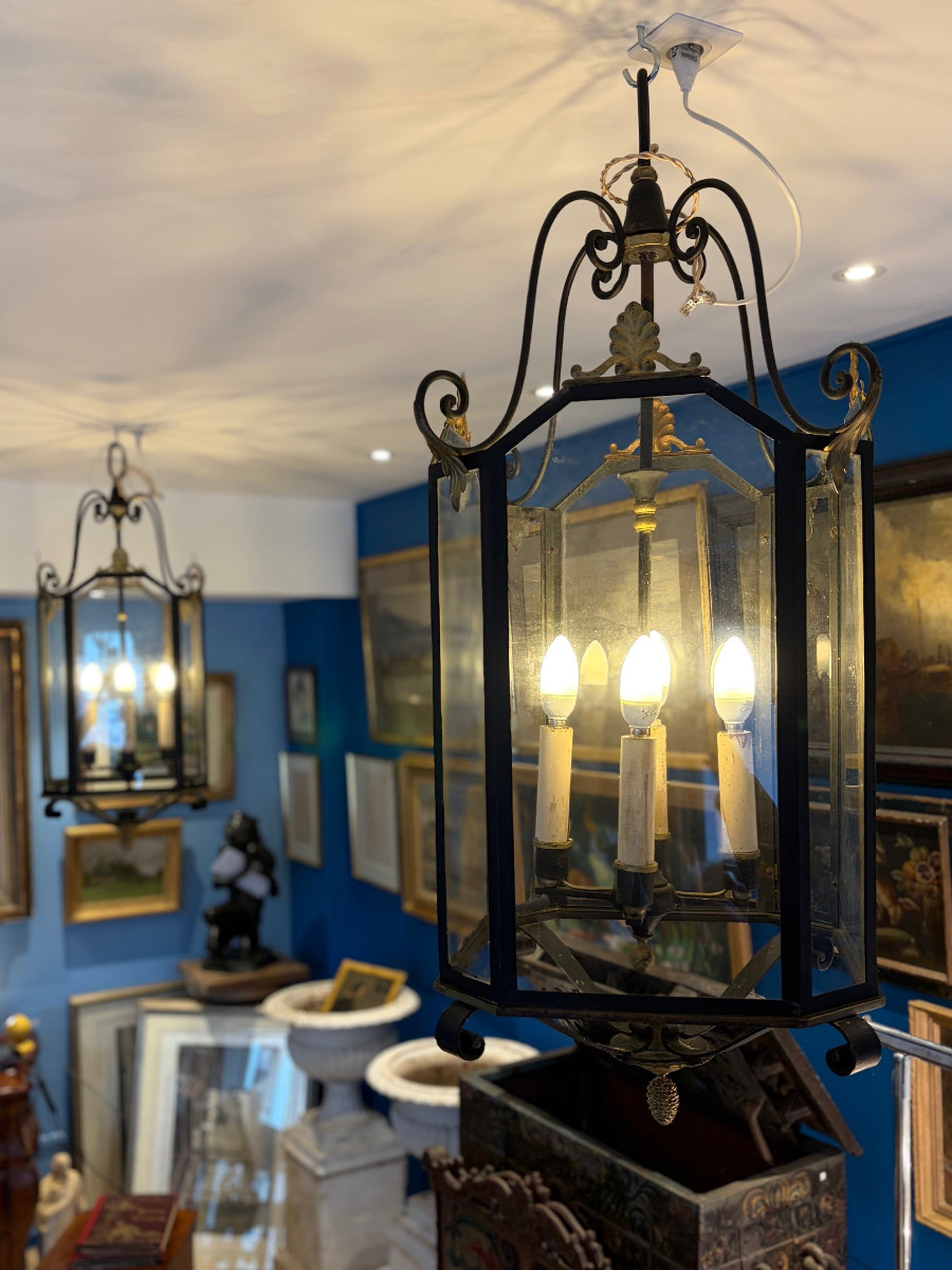 Pair Of Large Neo-classical Wrought Iron Lanterns, Circa 1930