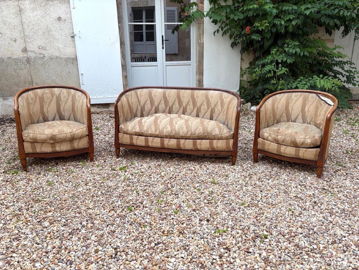 Art Deco Living Room Set: Sofa And Pair Of Armchairs In Need Of Reupholstering-photo-2
