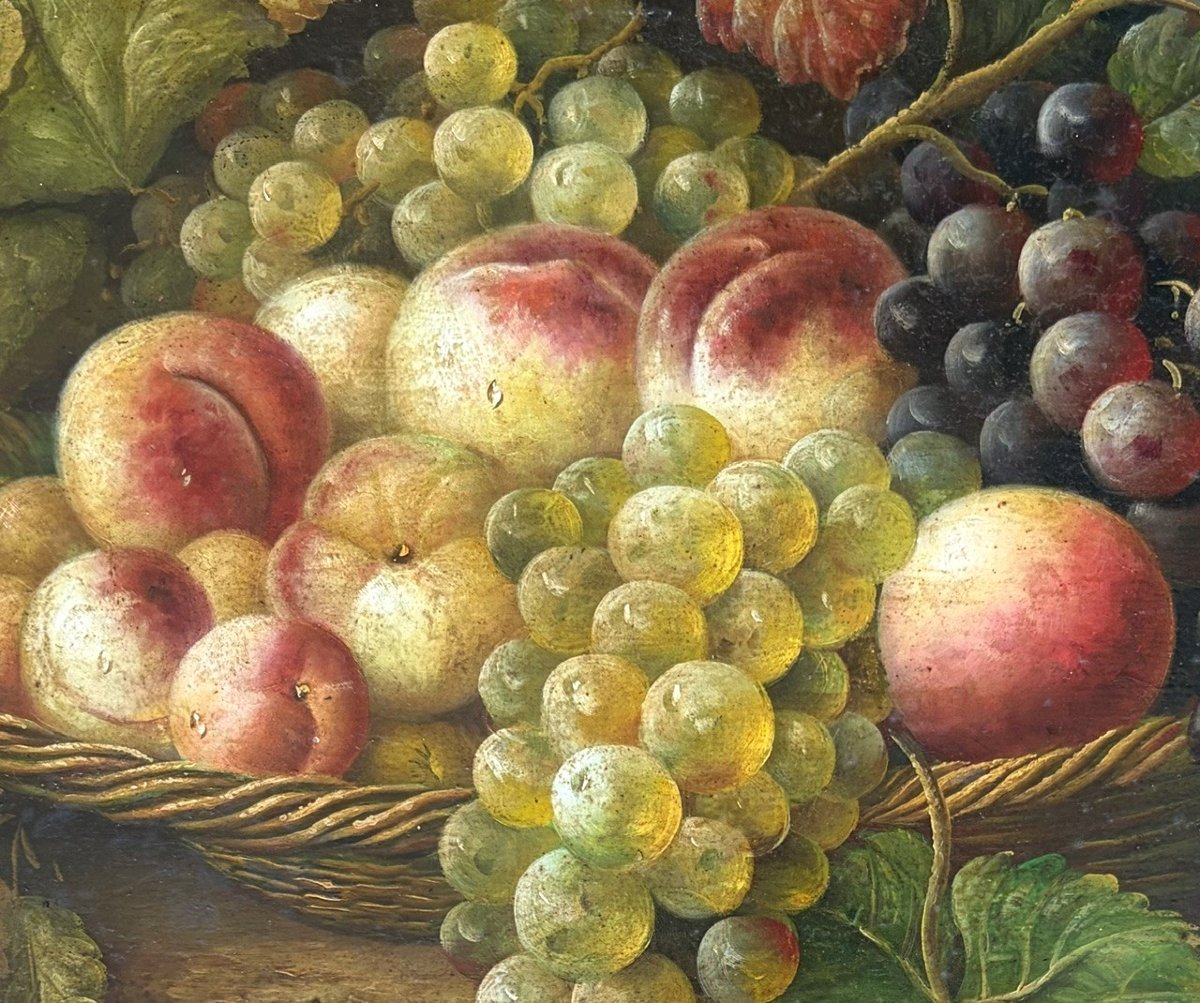 Corbeille de fruits sur un entablement, huile sur panneau-photo-2