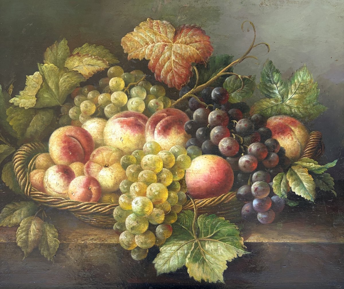 Corbeille de fruits sur un entablement, huile sur panneau-photo-3