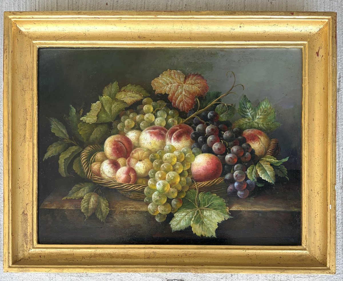 Corbeille de fruits sur un entablement, huile sur panneau