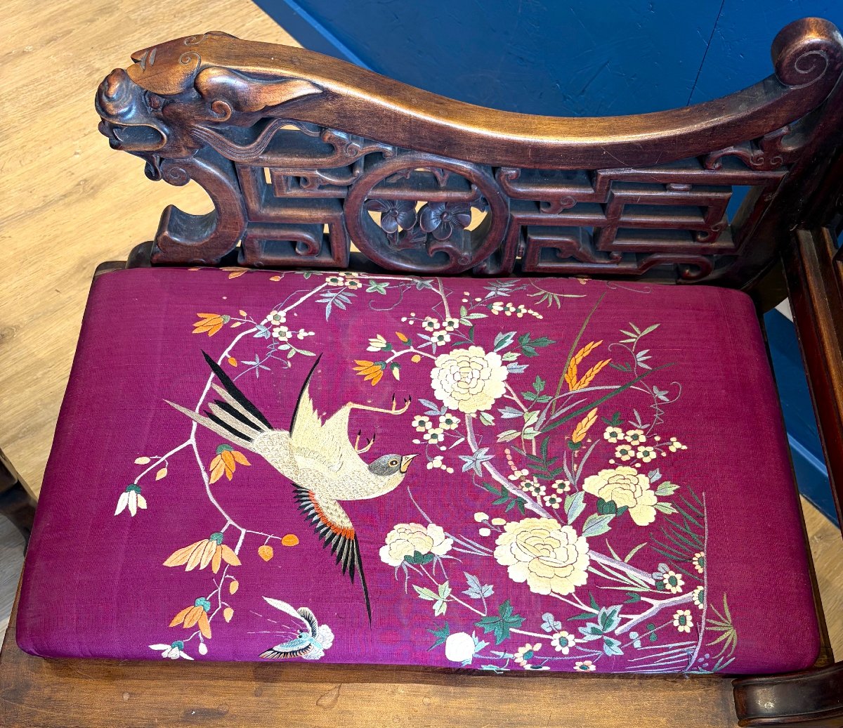 Paire de banquettes  japonisantes soie brodée -photo-4