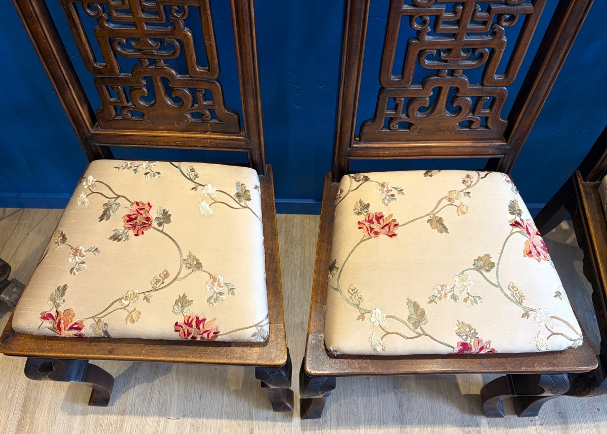 Four Japanese-style Chairs With Embroidered Silk Upholstery-photo-4