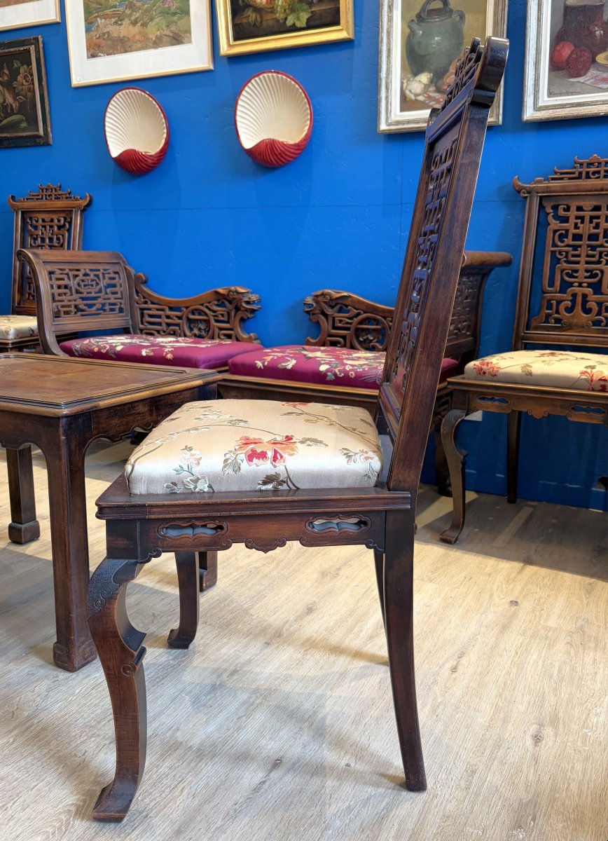 Four Japanese-style Chairs With Embroidered Silk Upholstery-photo-3