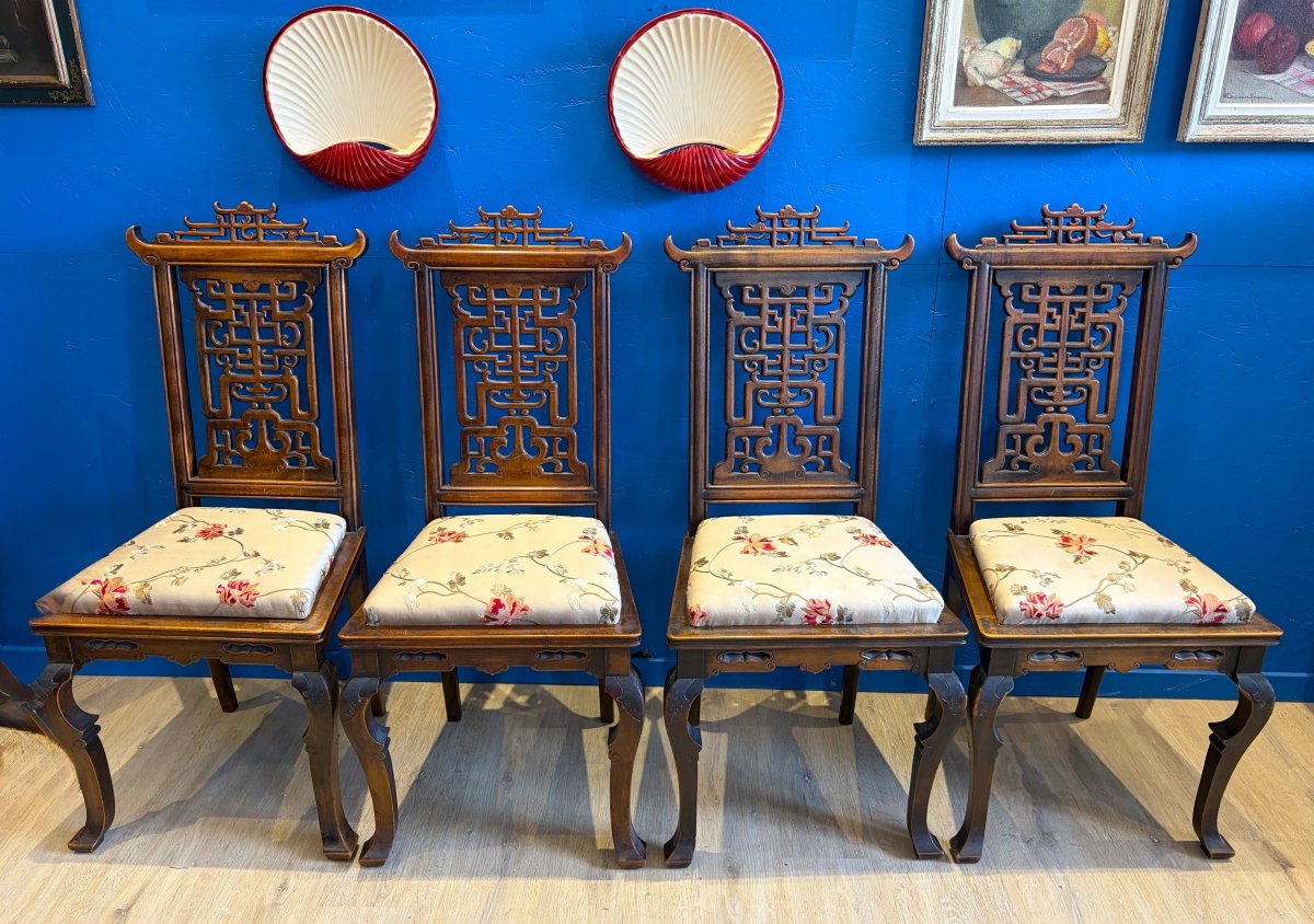 Four Japanese-style Chairs With Embroidered Silk Upholstery