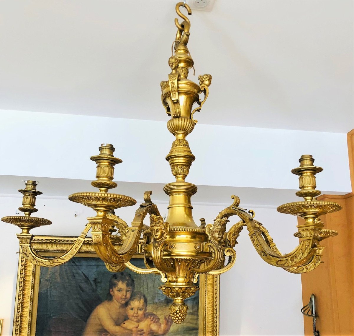 Paire De Grands Lustres En Bronze Doré-photo-3