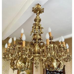 Important Gilt Bronze Chandelier With Musical Cupids