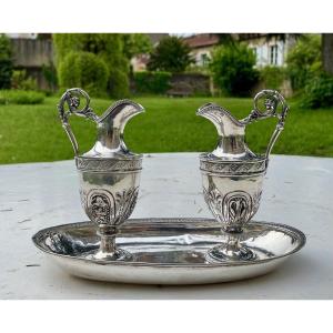 Pair Of Silver Cruets And Their Tray