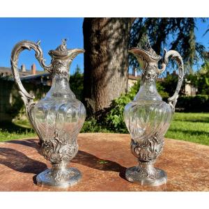 Pair Of Engraved Silver And Crystal Ewers