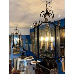 Pair Of Large Neo-classical Wrought Iron Lanterns, Circa 1930