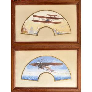 Historical Scenes Depicting Aviation, A Pair Of Gouaches