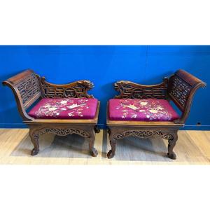 Pair Of Benches And A Japanese-style Tea Table