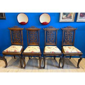 Four Japanese-style Chairs With Embroidered Silk Upholstery