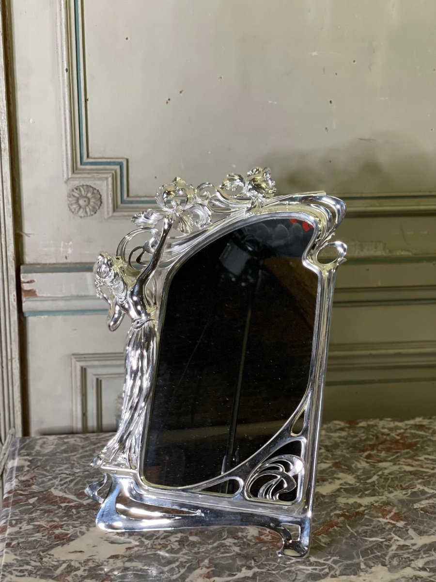 Table Mirror In Silver Bronze, Art Nouveau Around 1900-photo-2