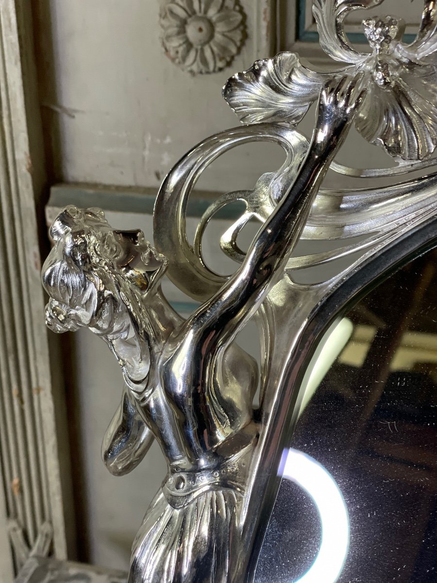 Table Mirror In Silver Bronze, Art Nouveau Around 1900-photo-3