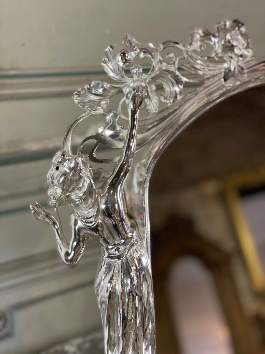 Table Mirror In Silver Bronze, Art Nouveau Around 1900-photo-3