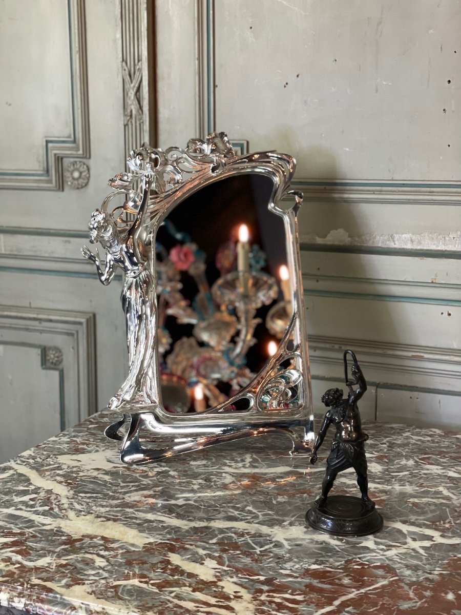 Table Mirror In Silver Bronze, Art Nouveau Around 1900-photo-6
