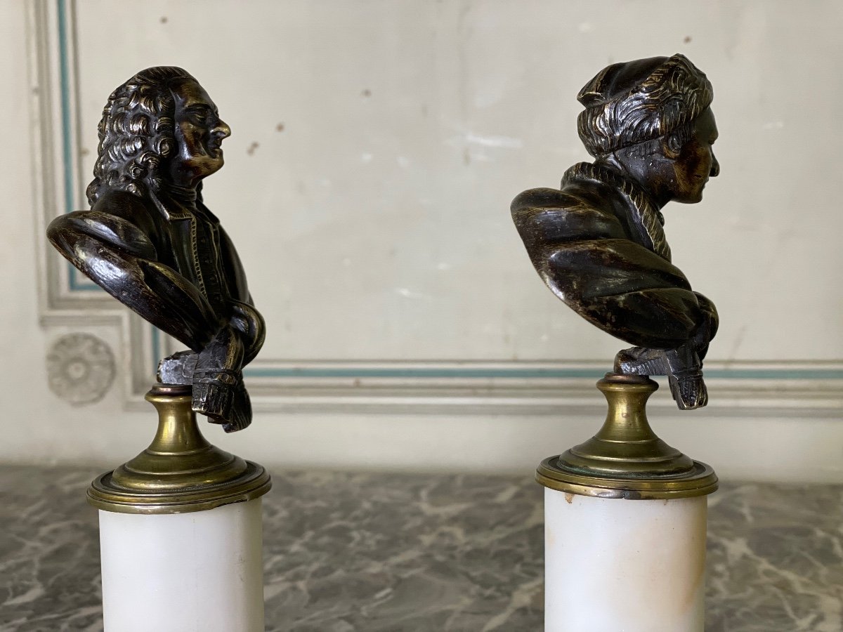 Pair Of Bronze Busts, Rousseau And Voltaire, Circa 1800-photo-2