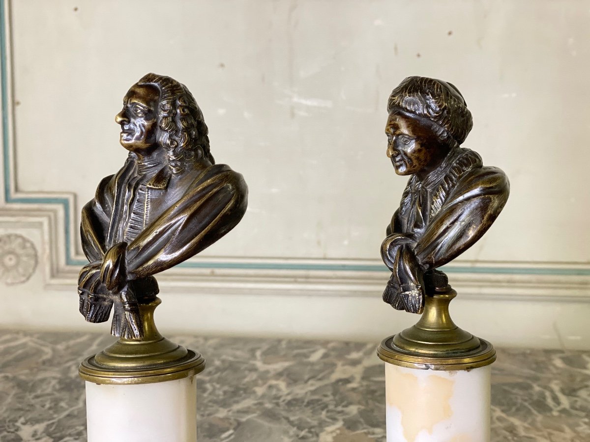 Paire De Bustes En Bronze, Rousseau Et Voltaire, Vers 1800-photo-1