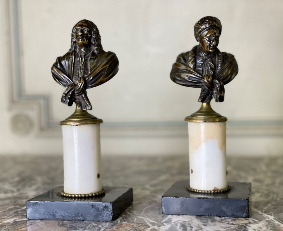 Pair Of Bronze Busts, Rousseau And Voltaire, Circa 1800