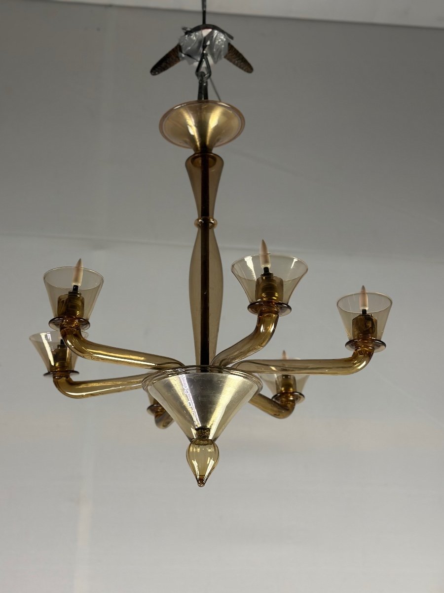 Venetian Chandelier In Golden Murano Glass Circa 1940-photo-1