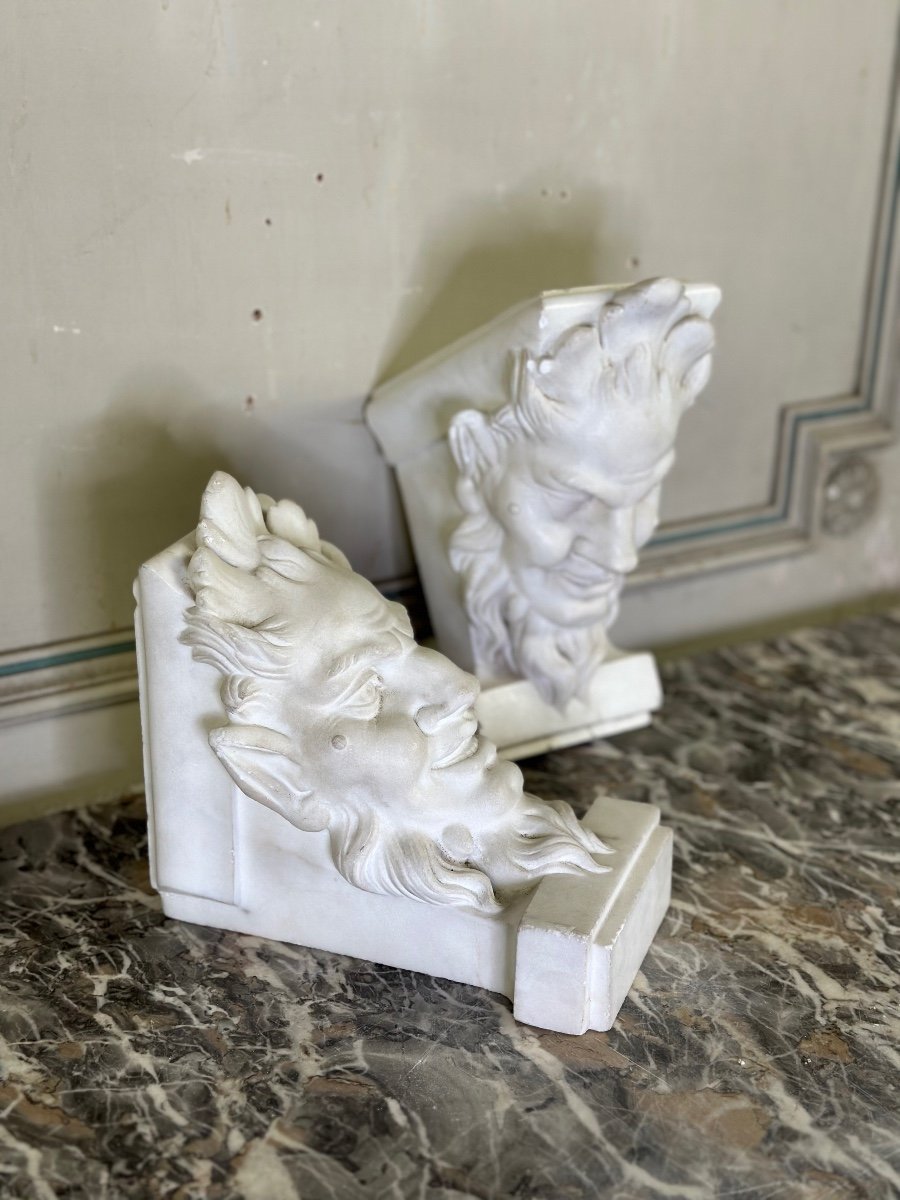 Pair Of Statuary White Marble Consoles, Fauna Heads-photo-3
