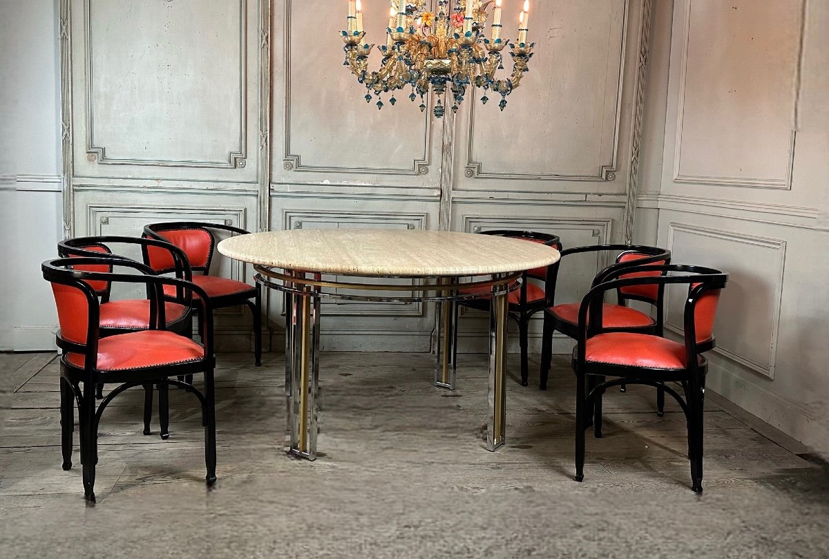 Dining Table In Chromed And Gold Matt Metal, Travertine Top Circa 1980-photo-3