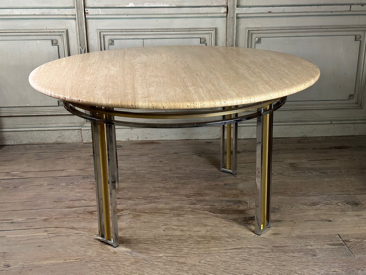Table De Salle à Manger En Métal Chromé  Et Doré Mat , Tablette En Travertin Vers 1980 -photo-4