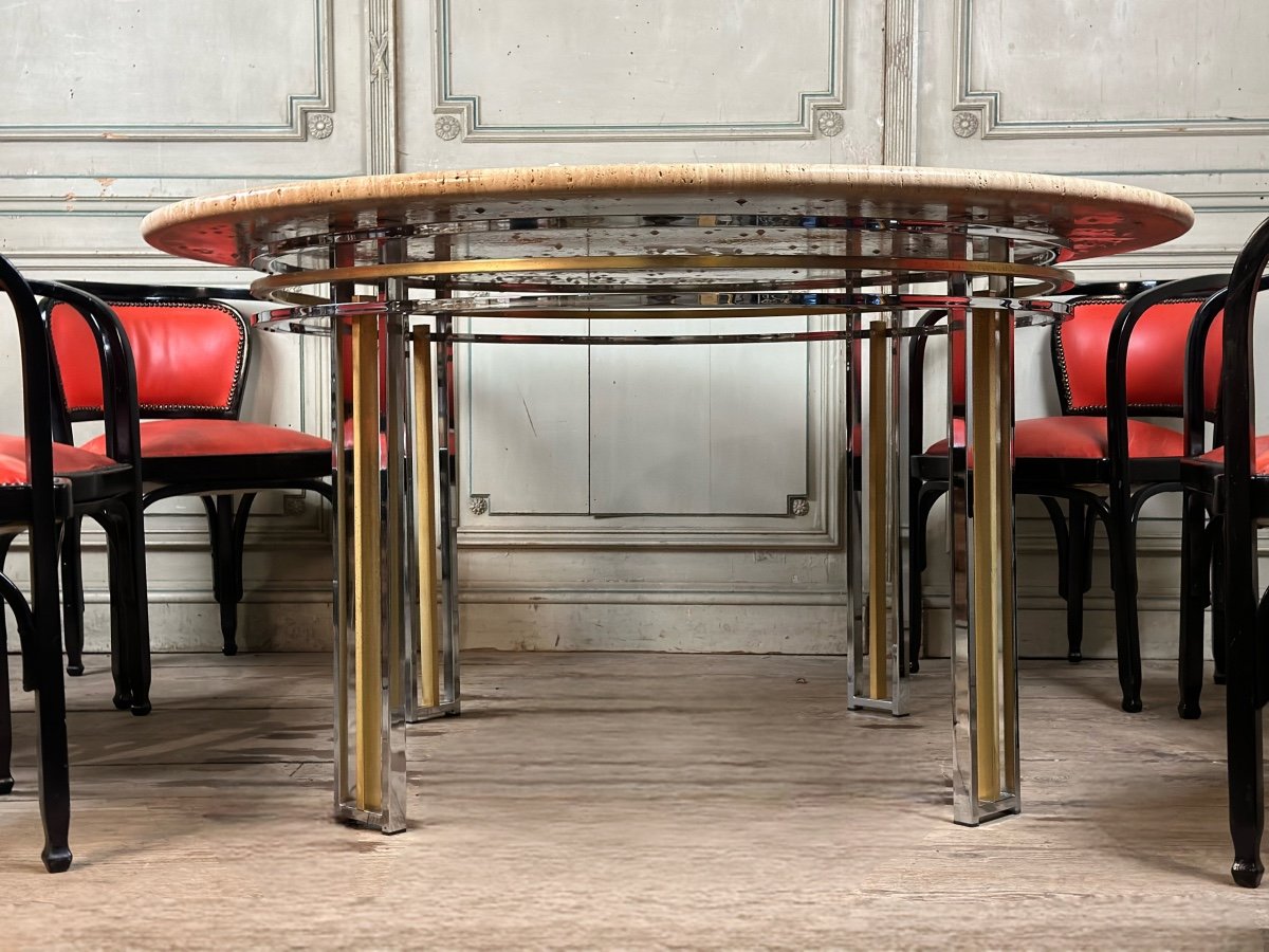 Dining Table In Chromed And Gold Matt Metal, Travertine Top Circa 1980-photo-1