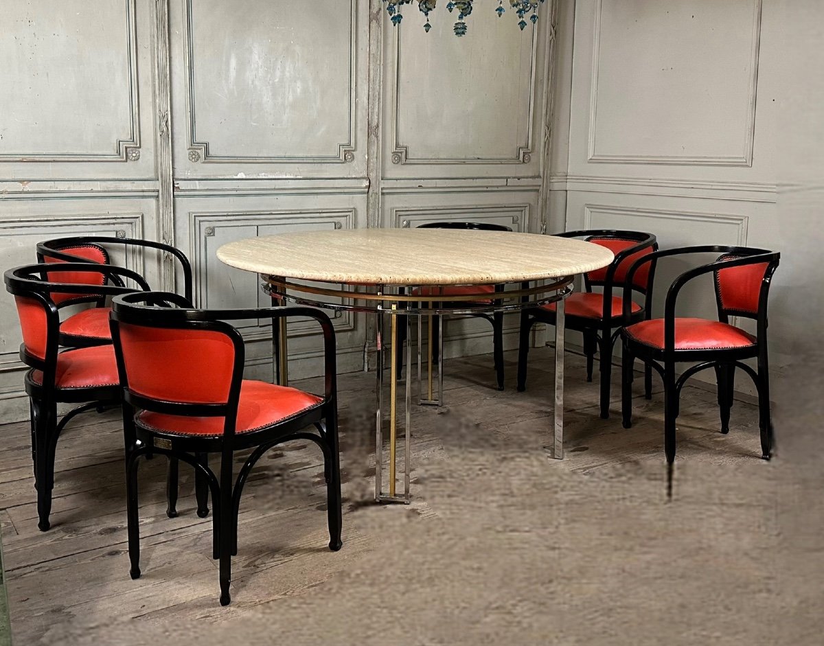 Dining Table In Chromed And Gold Matt Metal, Travertine Top Circa 1980-photo-2