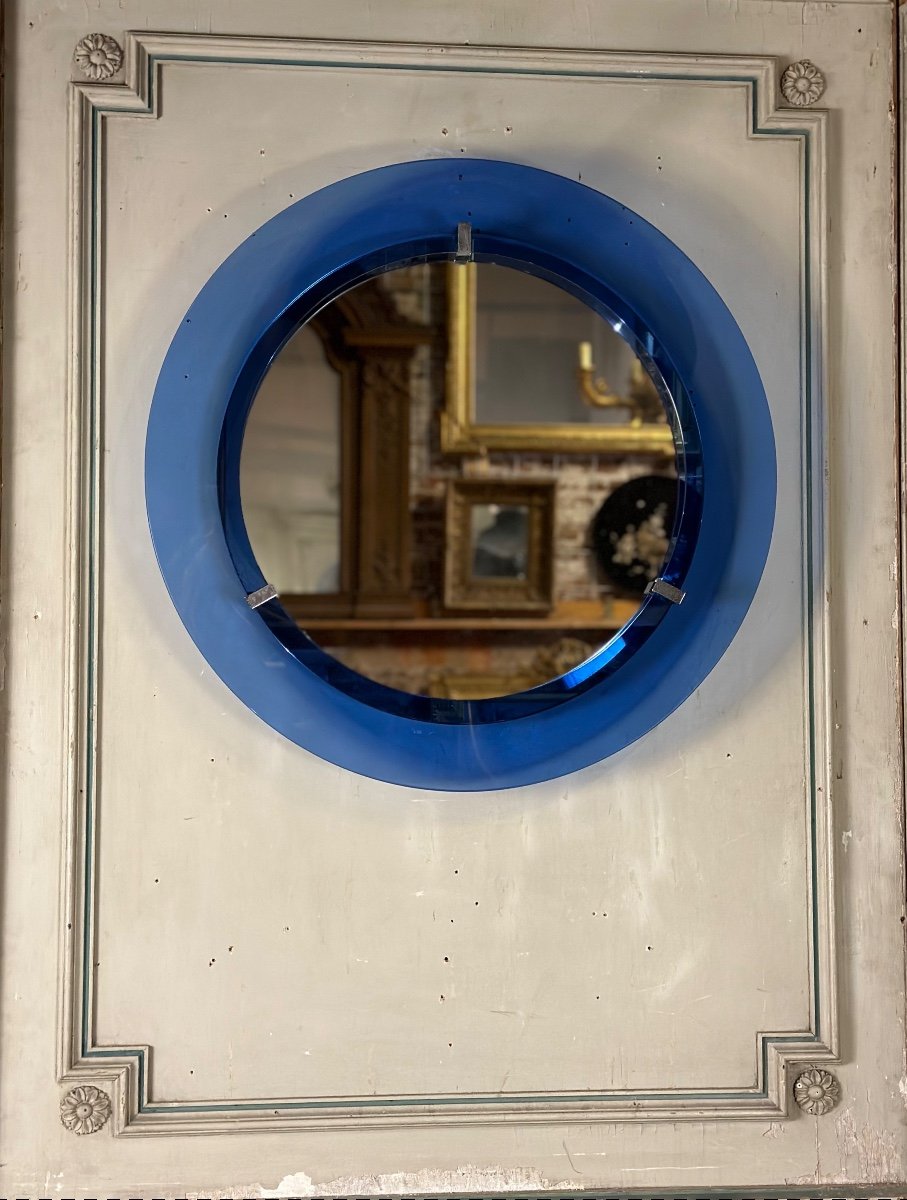 Miroir Encadré D’un Cercle De Verre Bleu, Italie Vers 1950