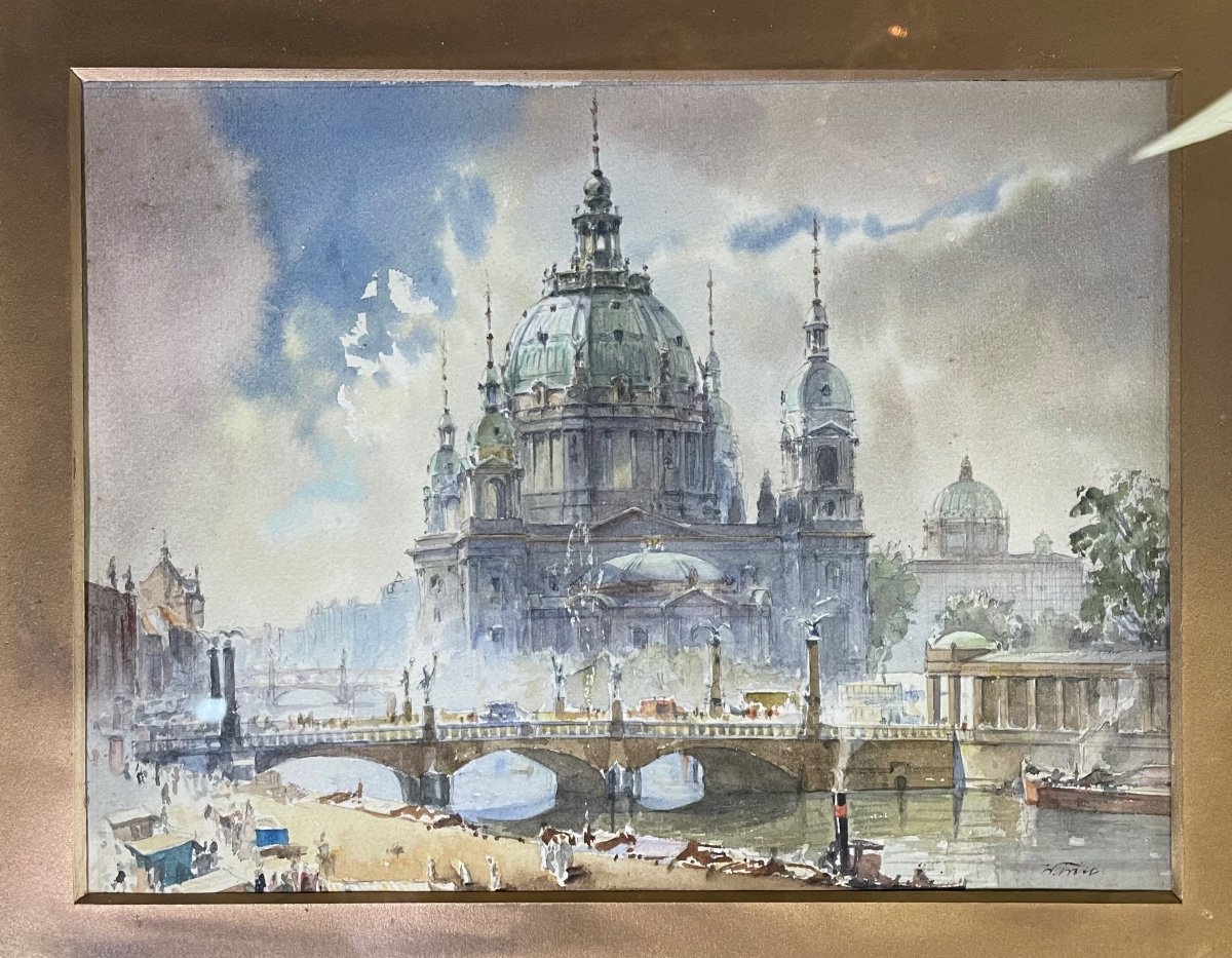 View Of Berlin, Watercolor Signed Lower Right, Circa 1930-photo-4