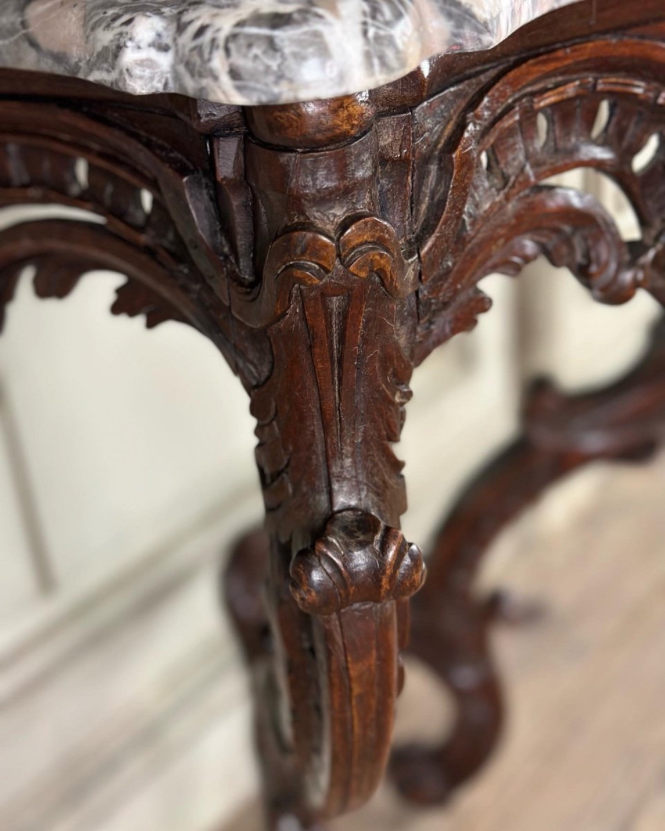 Console Louis XV En Bois Sculpté, Marbre Gris Des Ardennes, XVIIIéme Siècle -photo-2