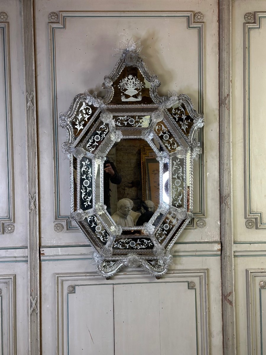 Important Venetian Mirror In Colorless Murano Glass, Circa 1880-photo-2